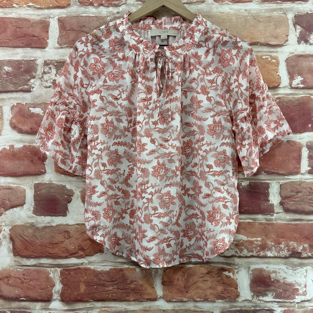 Ann Taylor Loft Top Women's SP Pink White Chic Garden Floral Vine Burnout Shirt